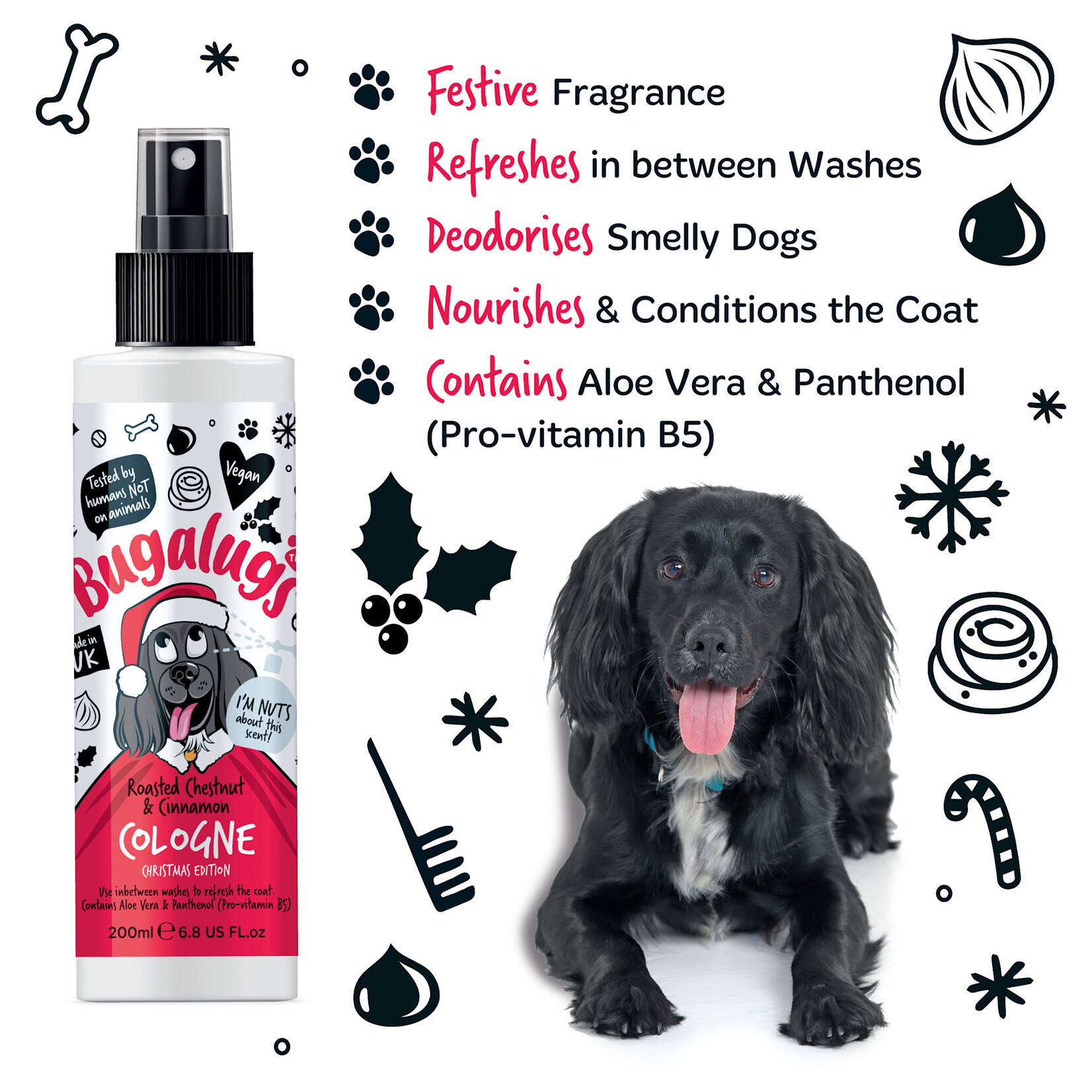 Bugalugs Christmas Edition Dog & Cologne with Roasted Chestnut & Cinnamon Fragrance, 200ml