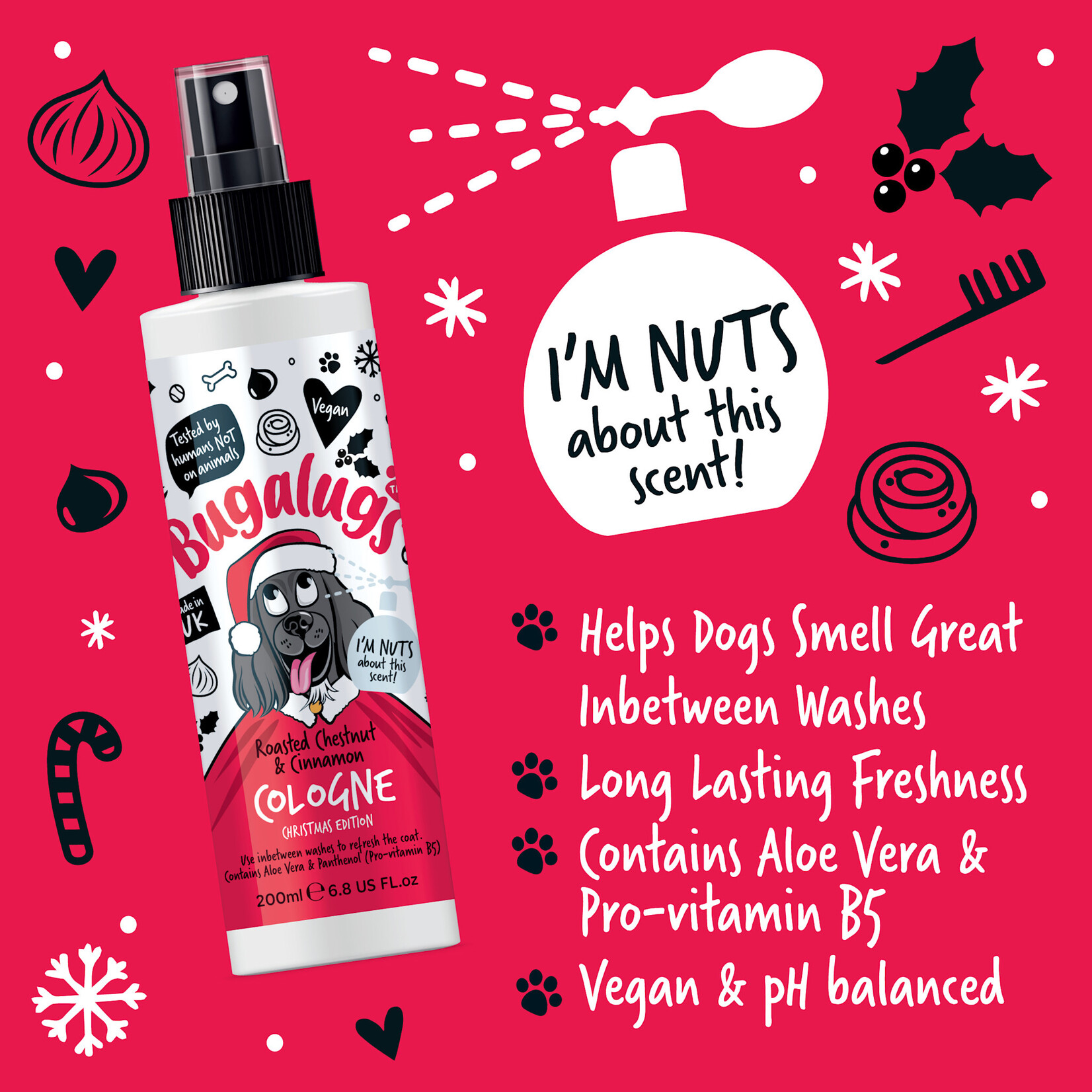 Bugalugs Christmas Edition Dog & Cologne with Roasted Chestnut & Cinnamon Fragrance, 200ml