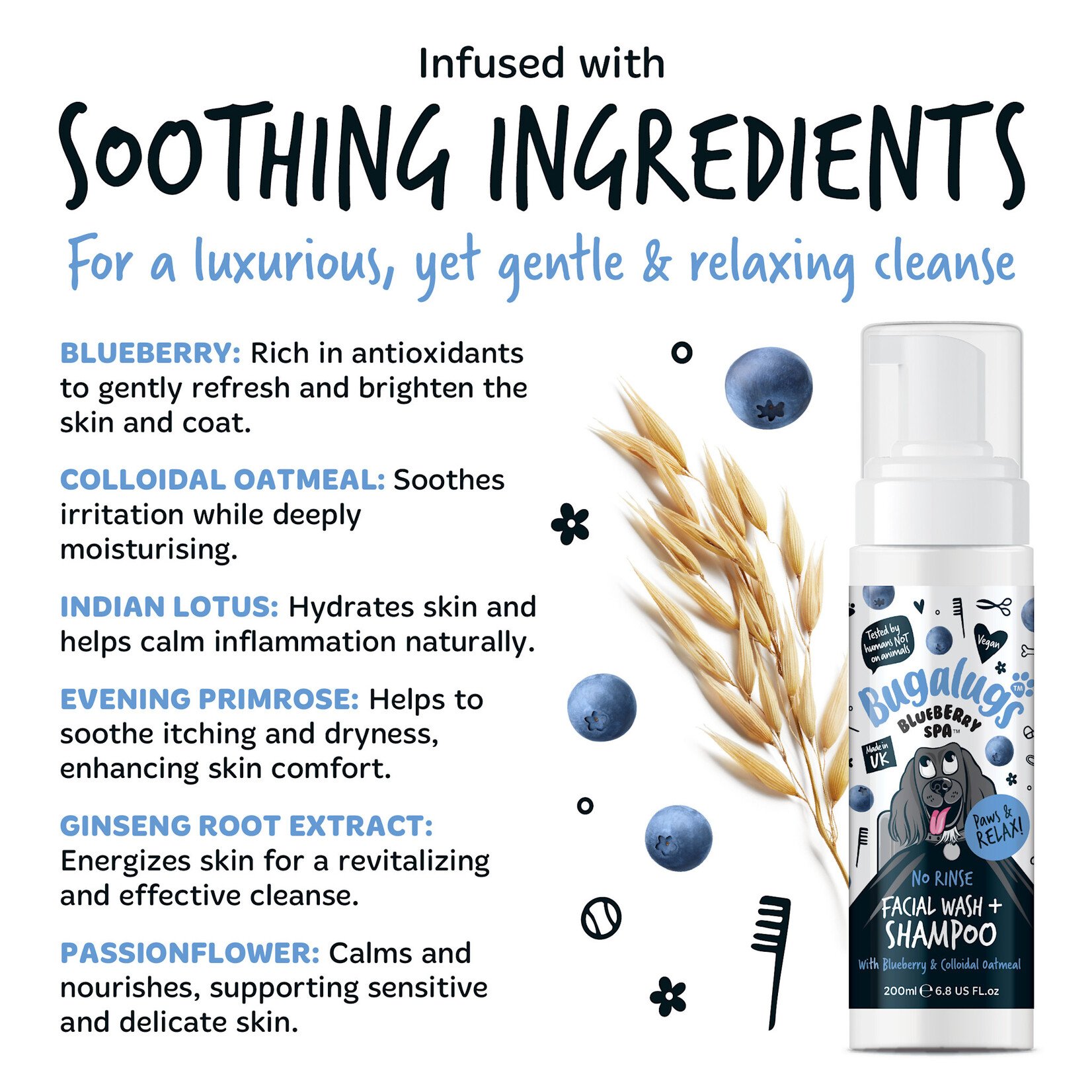 Bugalugs Blueberry Spa No Rinse Facial Wash & Shampoo with Blueberry & Colloidal Oatmeal for Dogs