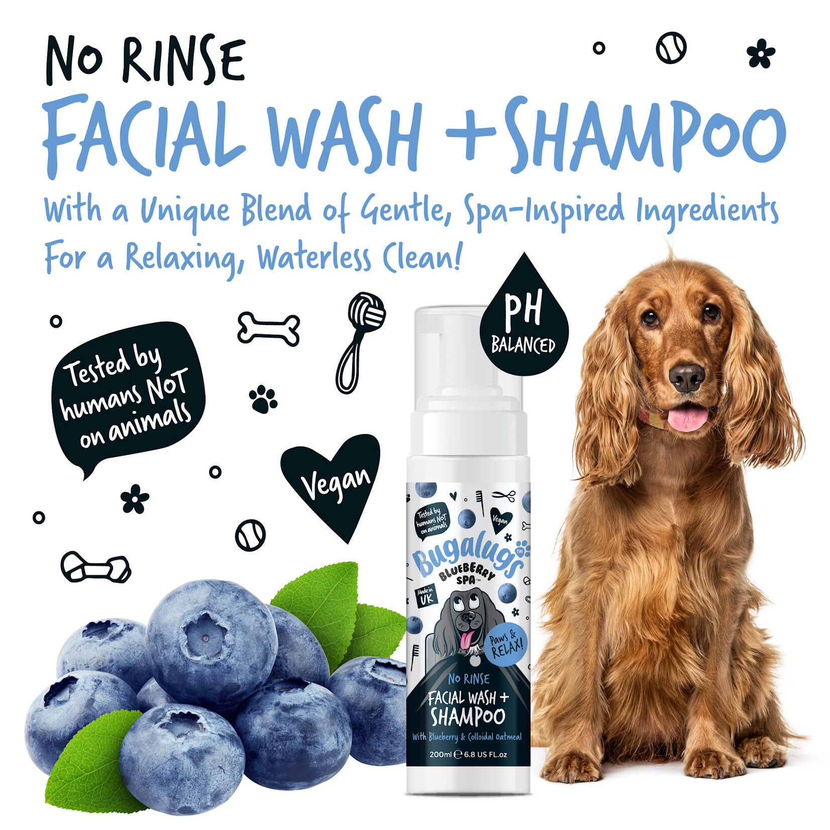 Bugalugs Blueberry Spa No Rinse Facial Wash & Shampoo with Blueberry & Colloidal Oatmeal for Dogs