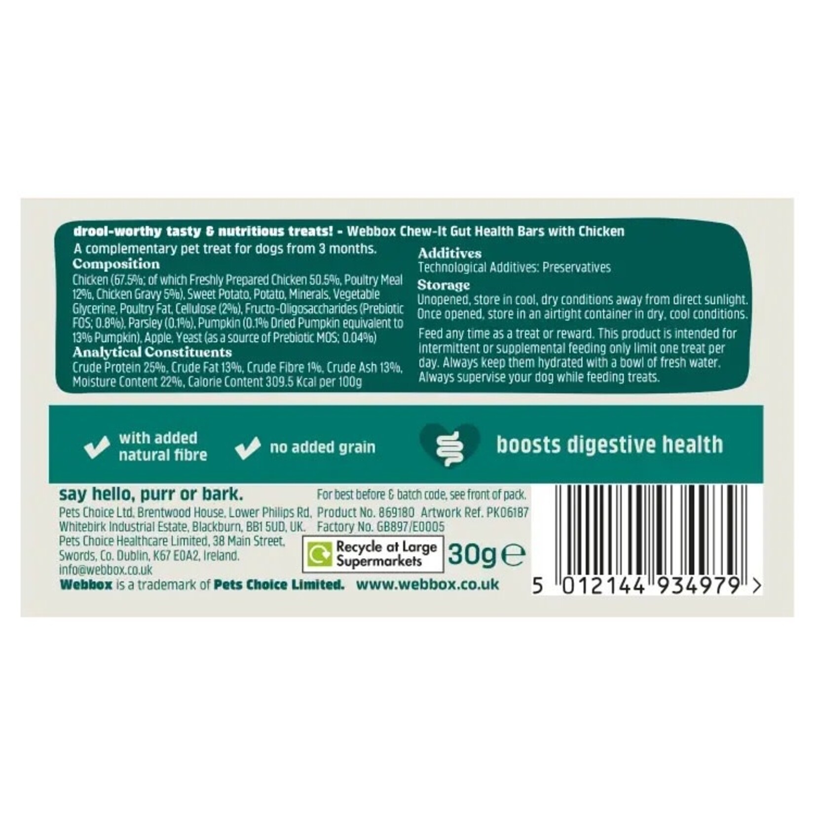 Webbox Chew-It Gut Health Bar Chicken Dog Treat, 30g