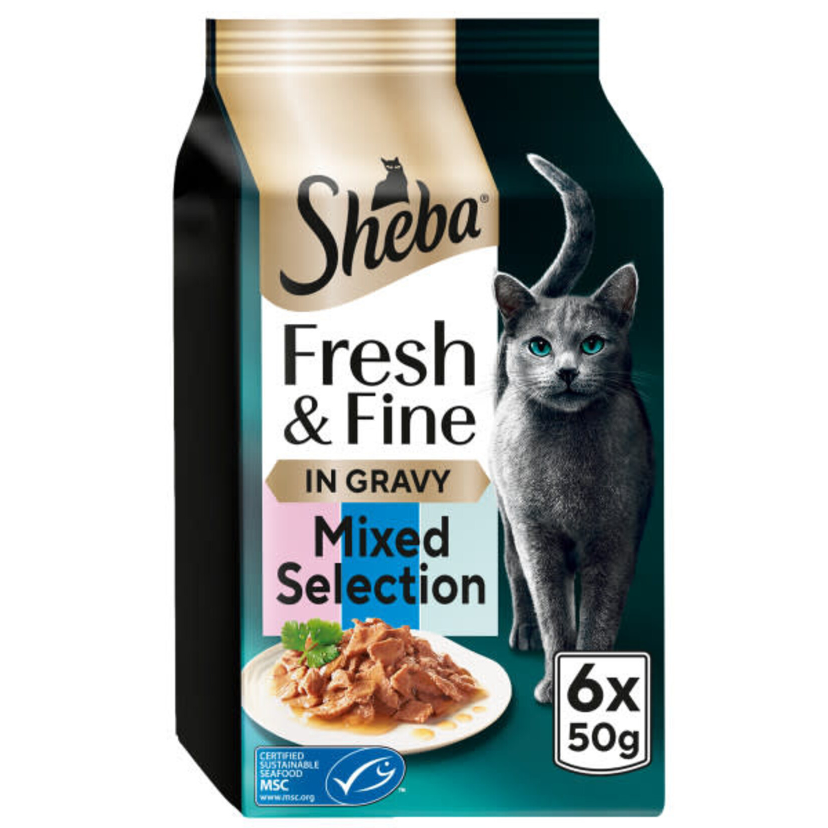 Sheba Fresh & Fine Cat Wet Food with Salmon & Tuna & Trout in Gravy, 6 x 50g