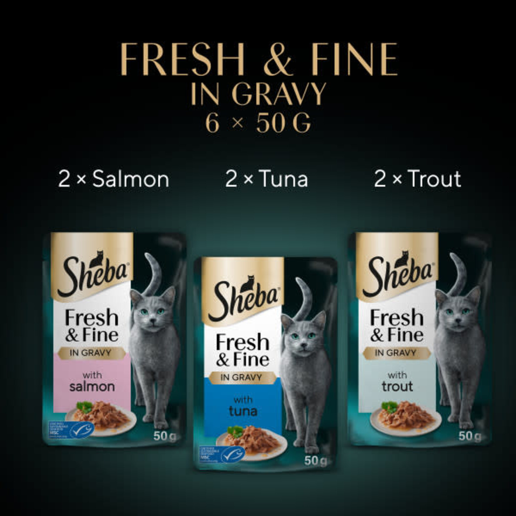 Sheba Fresh & Fine Cat Wet Food with Salmon & Tuna & Trout in Gravy, 6 x 50g