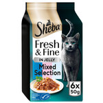 Sheba Fresh & Fine Wet Food Pouch with Tuna & Salmon & Whitefish in Jelly, 6 x 50g