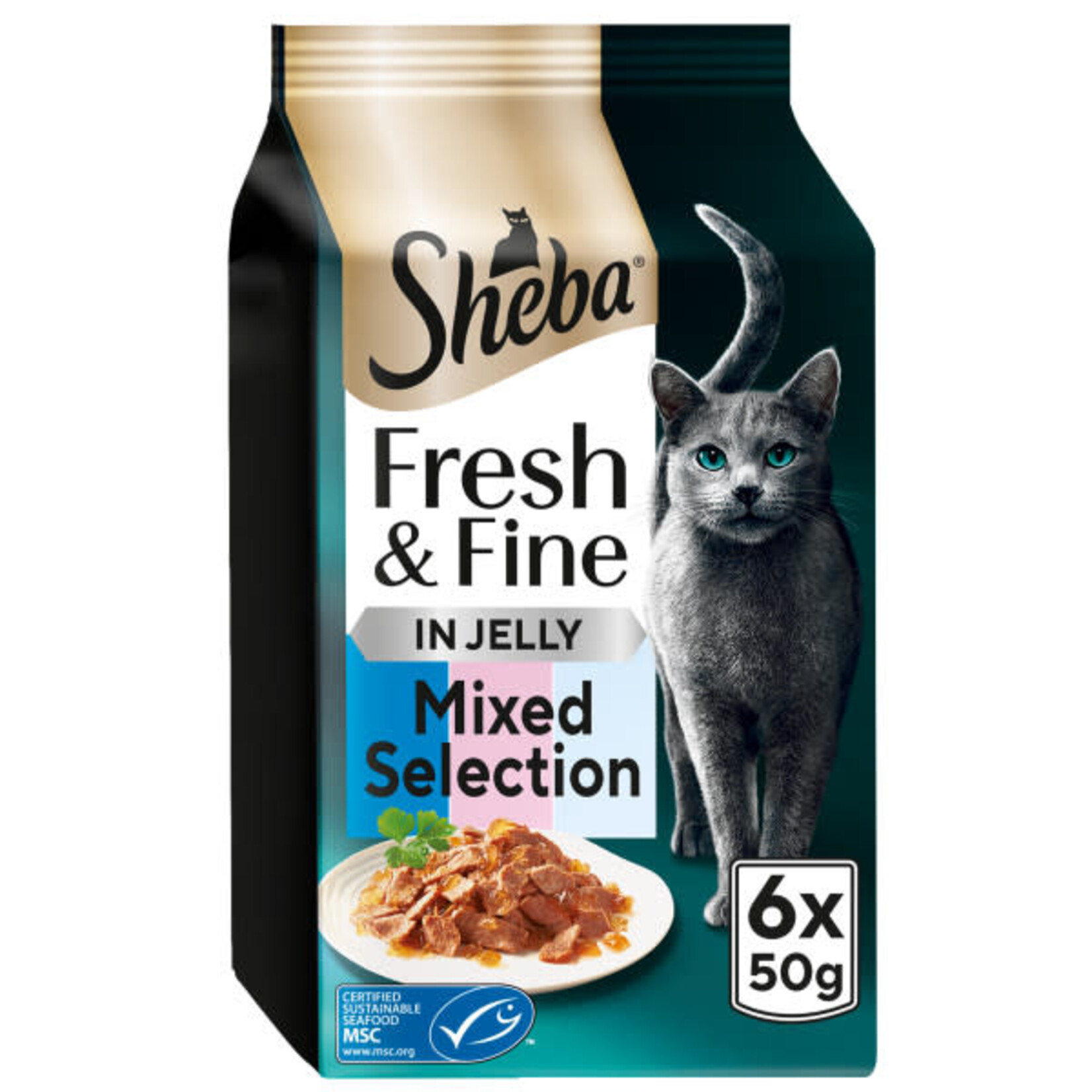 Sheba Fresh & Fine Wet Food Pouch with Tuna & Salmon & Whitefish in Jelly, 6 x 50g