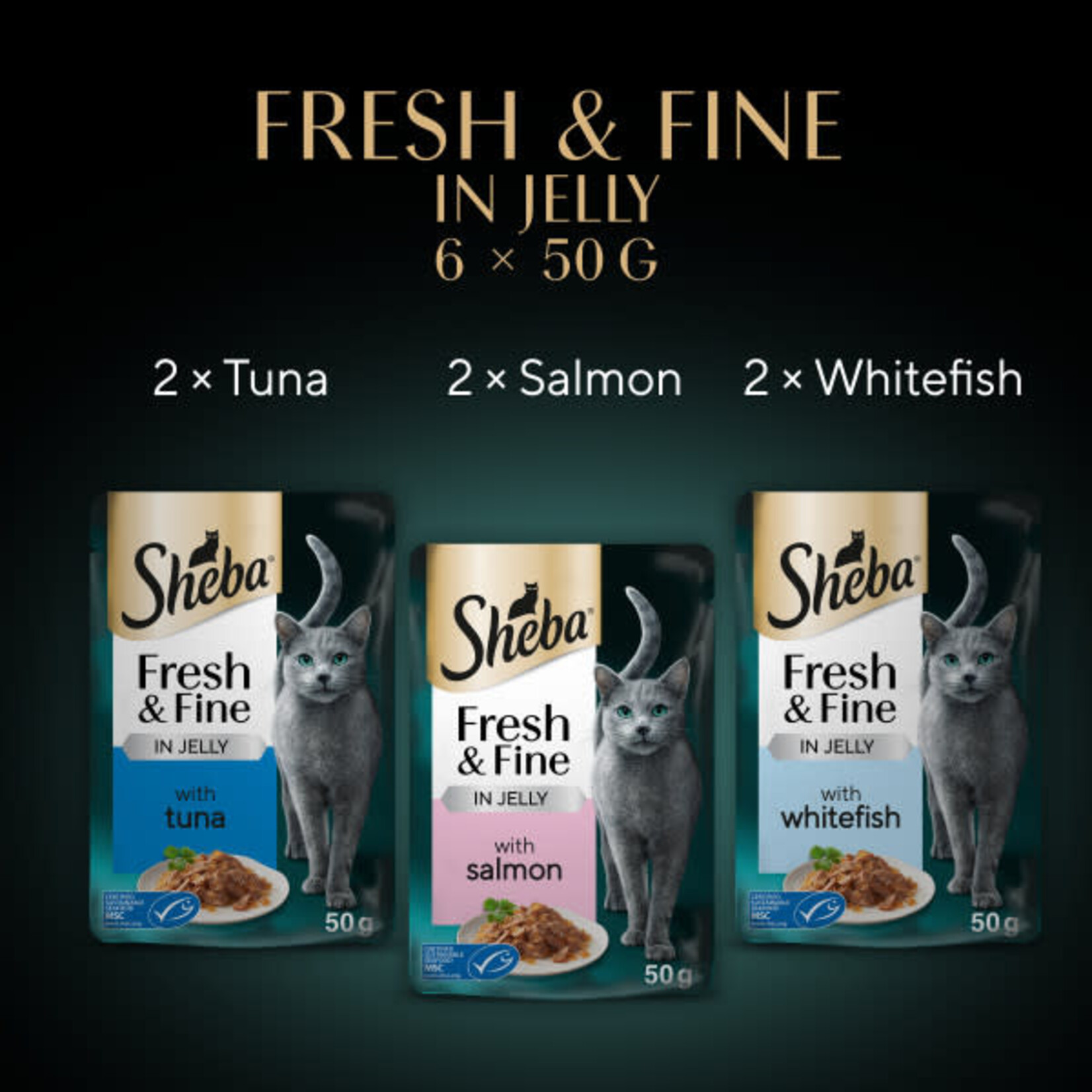 Sheba Fresh & Fine Wet Food Pouch with Tuna & Salmon & Whitefish in Jelly, 6 x 50g