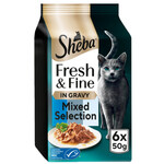 Sheba Fresh & Fine Wet Cat Food Pouches with Tuna & Cod & Whitefish in Gravy, 6 x 50g