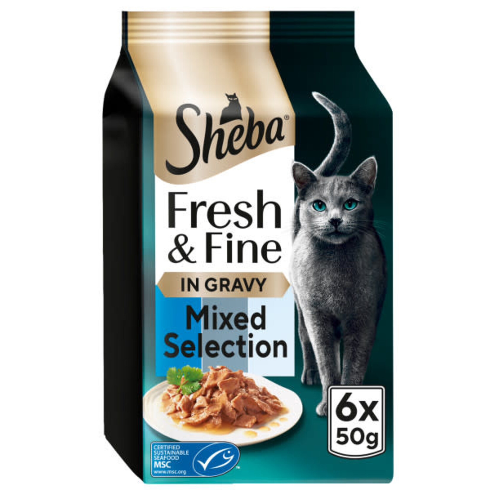 Sheba Fresh & Fine Wet Cat Food Pouches with Tuna & Cod & Whitefish in Gravy, 6 x 50g