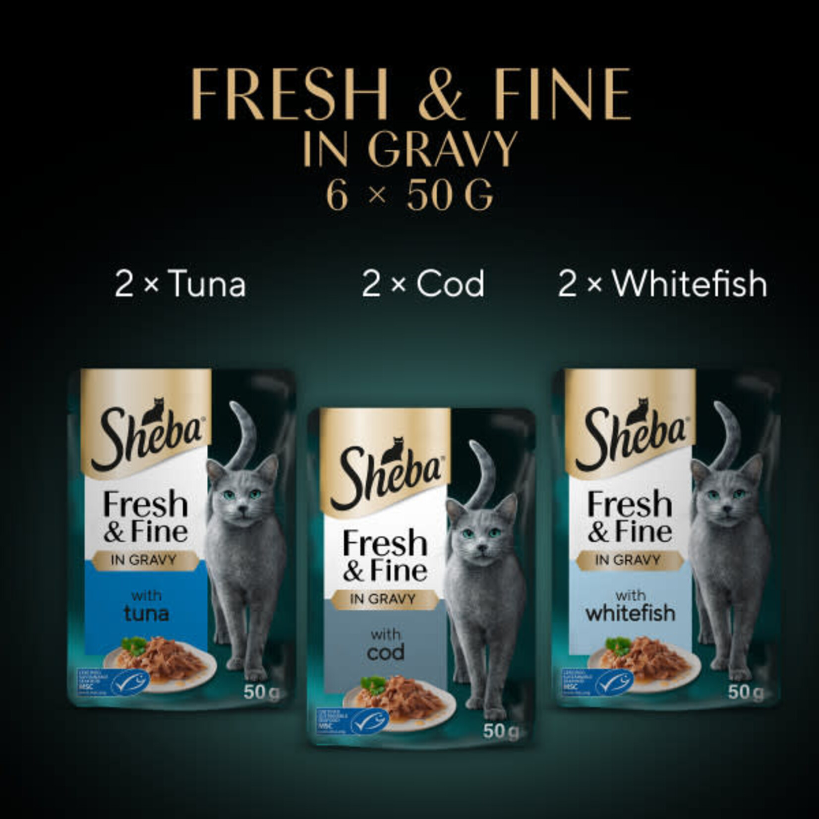 Sheba Fresh & Fine Wet Cat Food Pouches with Tuna & Cod & Whitefish in Gravy, 6 x 50g