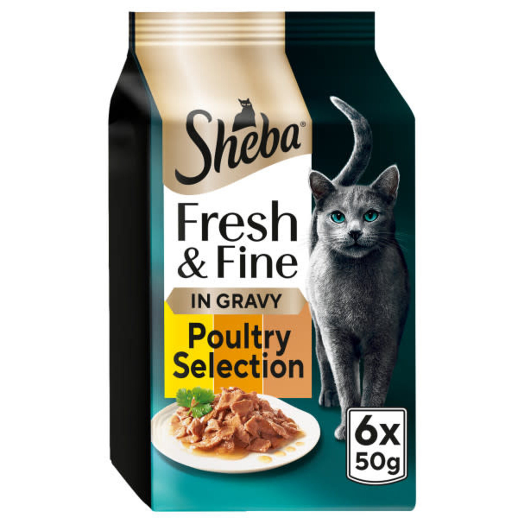 Sheba Fresh & Fine Cat Wet Food Pouches  with Chicken & Turkey & Duck in Gravy, 6 x 50g