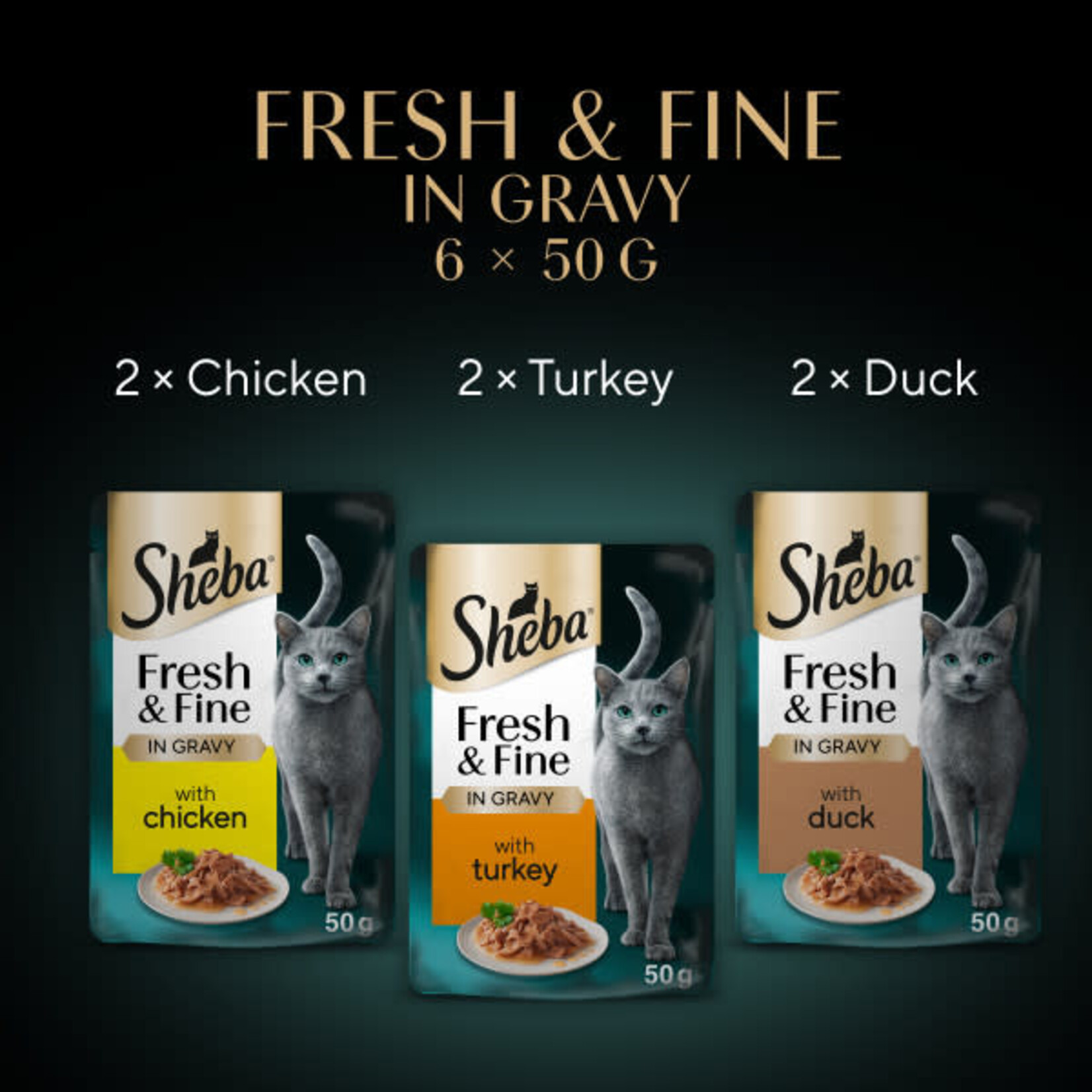 Sheba Fresh & Fine Cat Wet Food Pouches  with Chicken & Turkey & Duck in Gravy, 6 x 50g