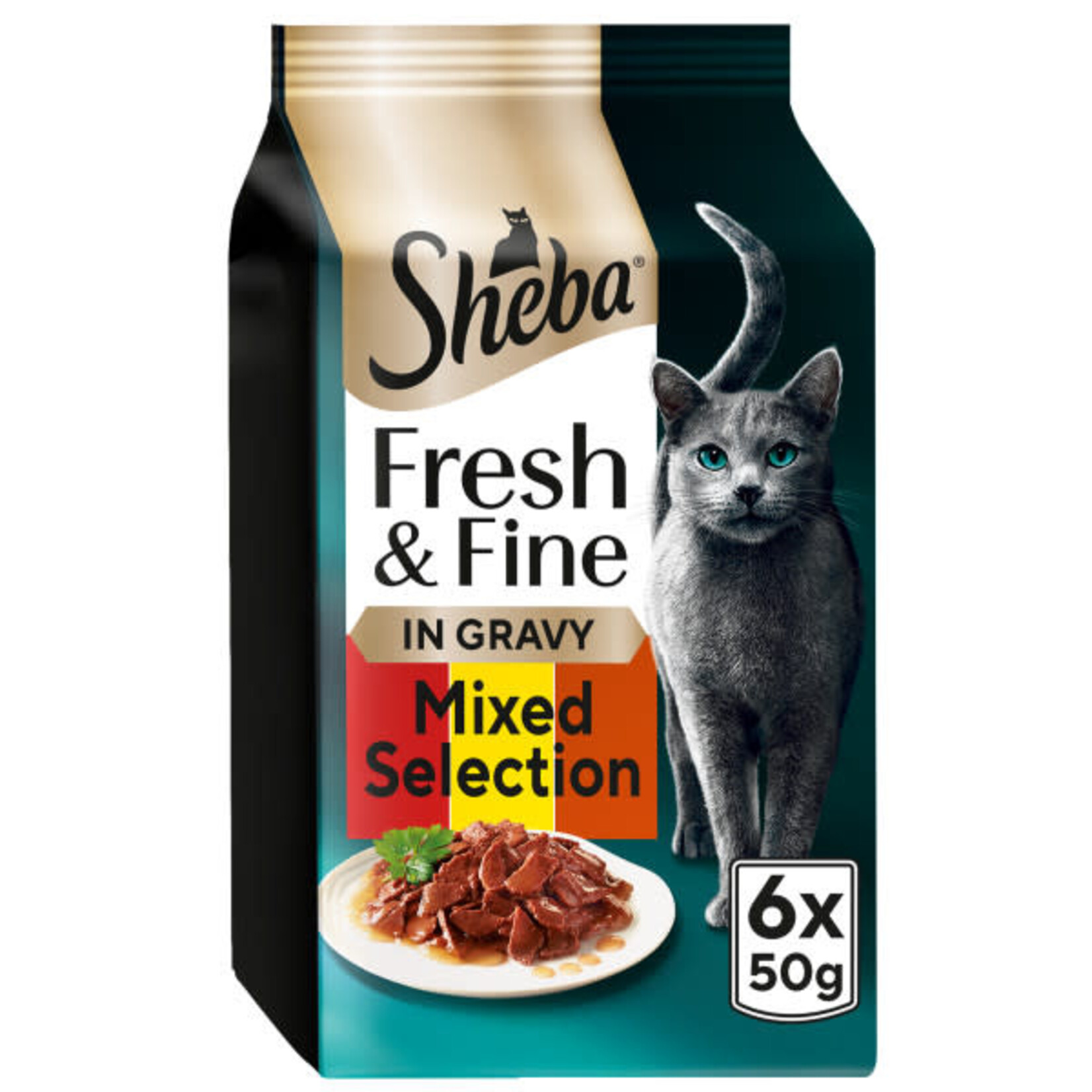 Sheba Fresh & Fine Cat Wet Food Pouches with Beef & Chicken & Lamb in Gravy, 6 x 50g