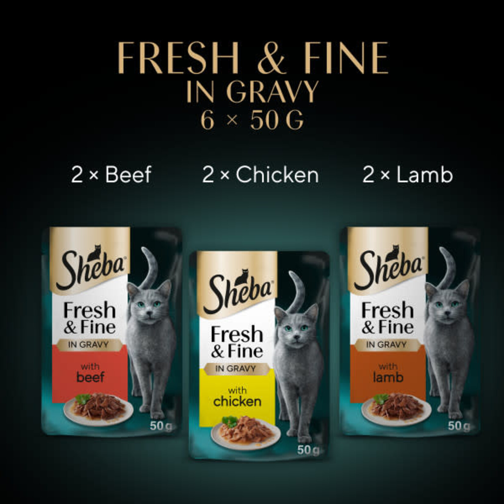 Sheba Fresh & Fine Cat Wet Food Pouches with Beef & Chicken & Lamb in Gravy, 6 x 50g