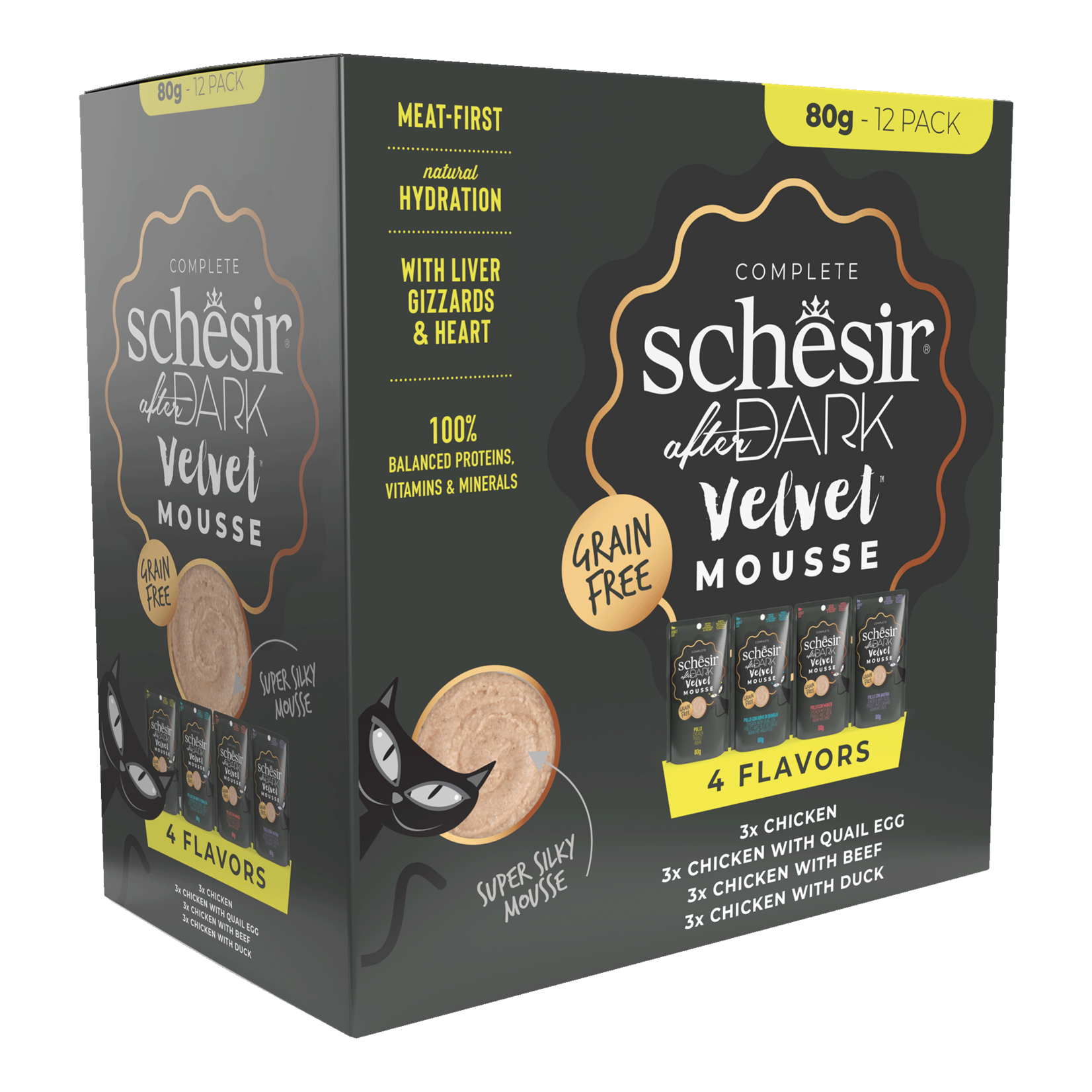 Schesir After Dark Velvet Mousse Complete Grain Free Adult Cat Food Pouch Variety Pack 12 x 80g