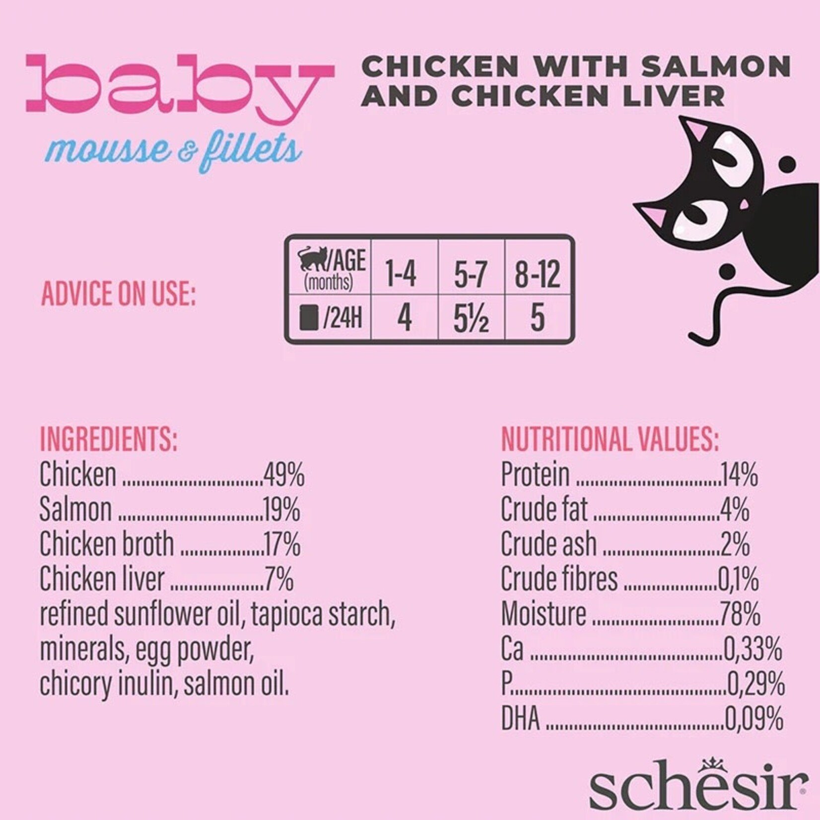 Schesir Baby Mousse & Fillets Complete Grain Free Kitten Food Can Chicken with Salmon 3 x 55g