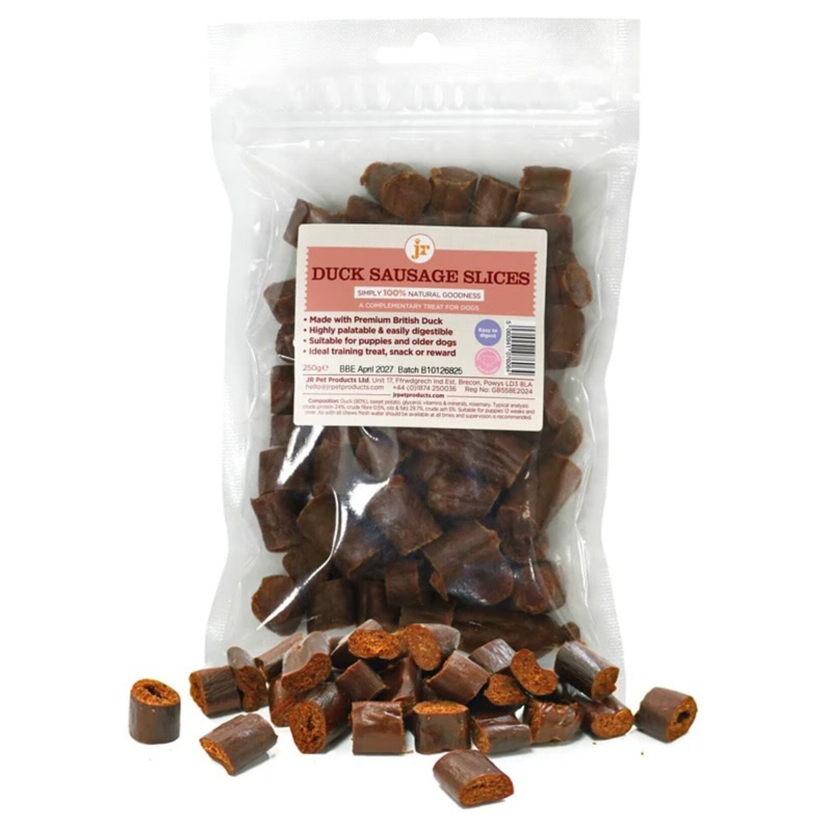 jr pet products British Sliced Duck Sausages Dog Treats, 250g