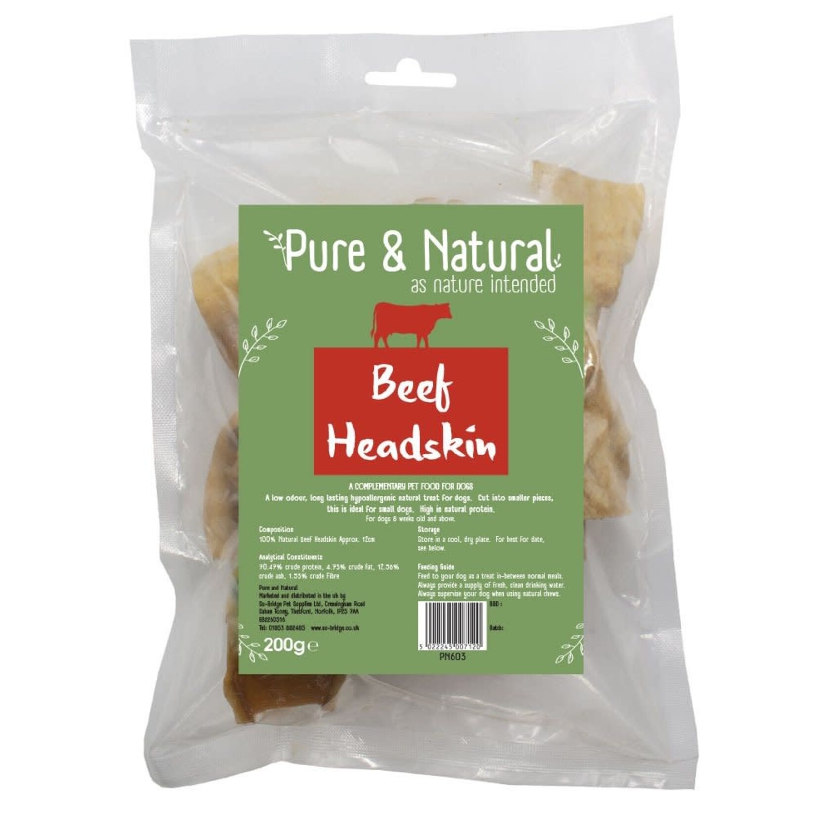 Pure & Natural Beef Headskin Dog Treats 12cm, 1kg Bag