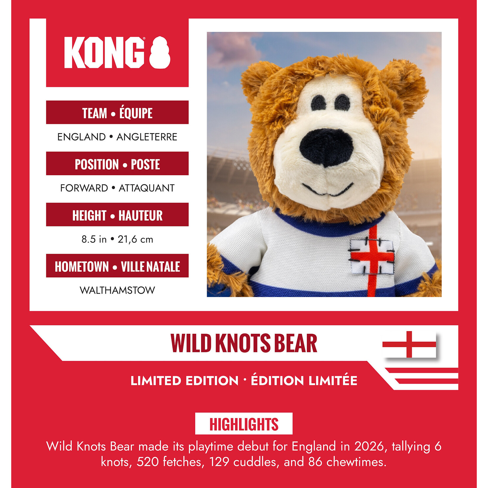 KONG Wild Knots Sport World Cup Bear Dog Toy - England