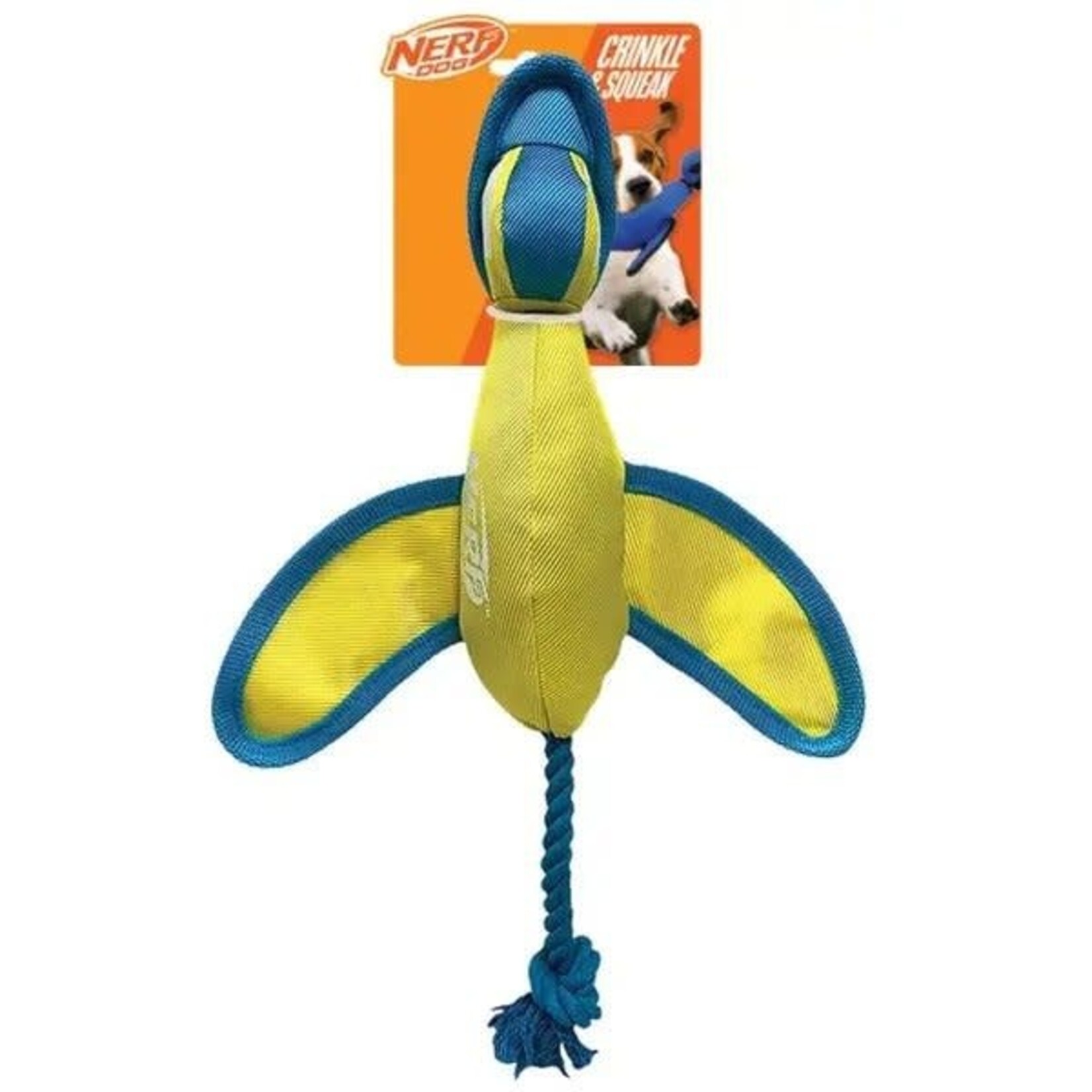 Nerf Crinkle Wing Nylon Duck Dog Toy, Blue and Yellow, 42cm