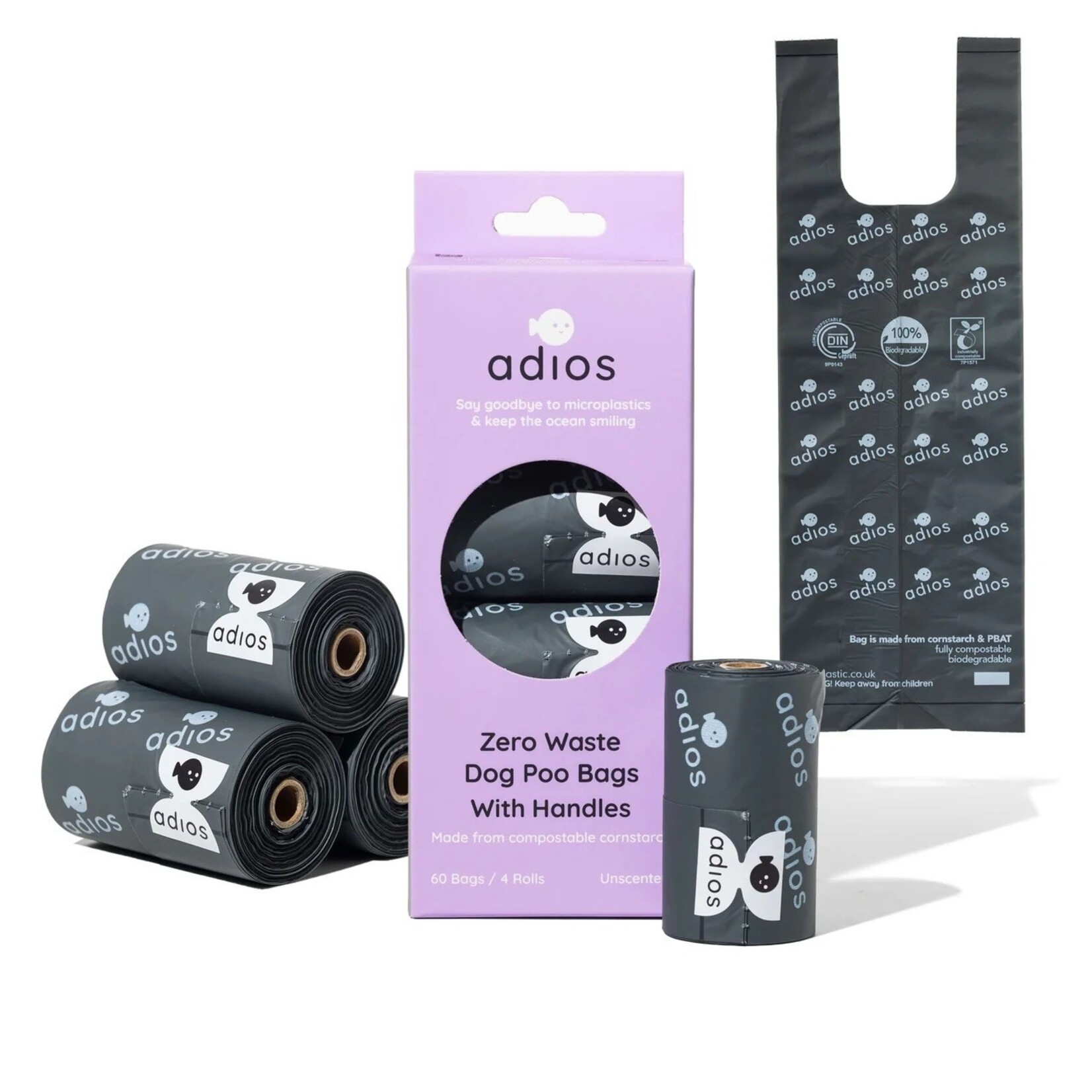 adios Compostable Dog Poo Bags with Handles On a Roll, Slate Grey