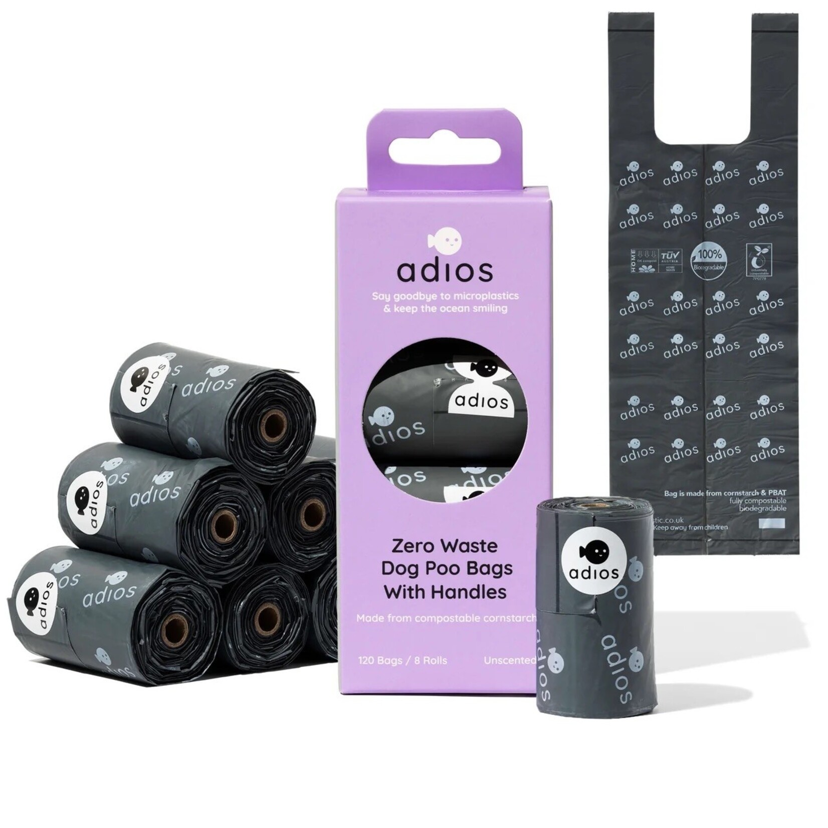 adios Compostable Dog Poo Bags with Handles On a Roll, Slate Grey