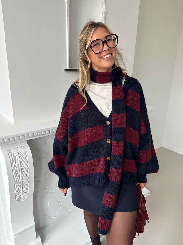 Louise knit with scarf blue/burgundy