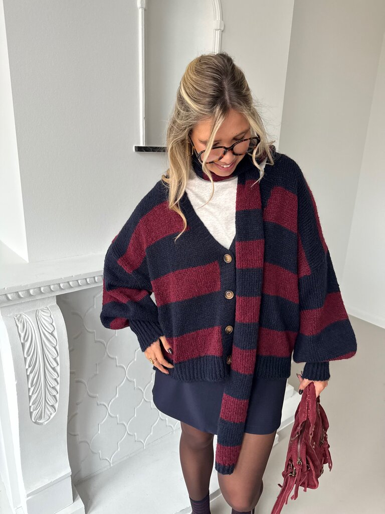 Louise knit with scarf blue/burgundy