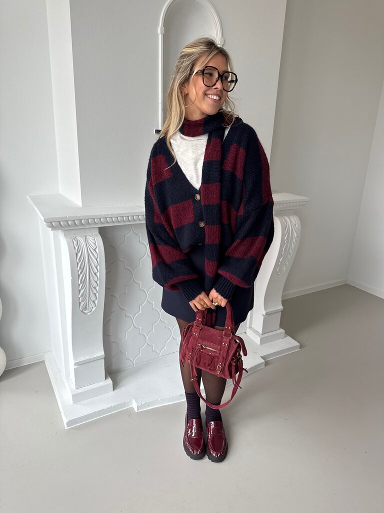 Louise knit with scarf blue/burgundy