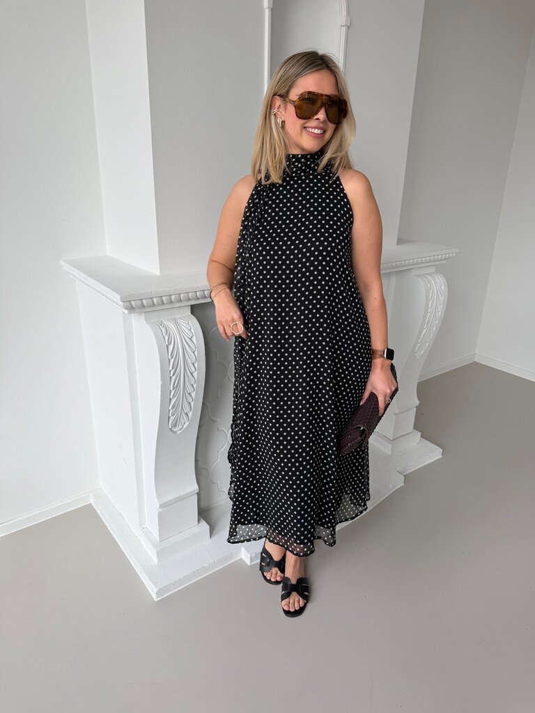 Polka halterneck dress black