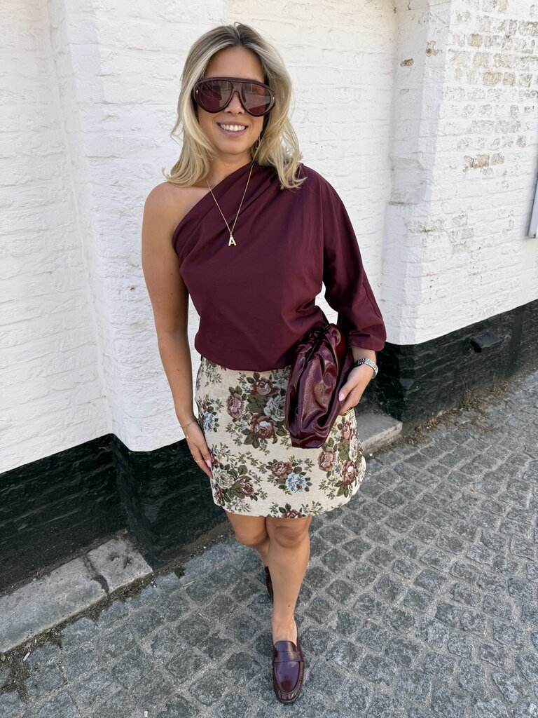 Posy one shoulder top burgundy