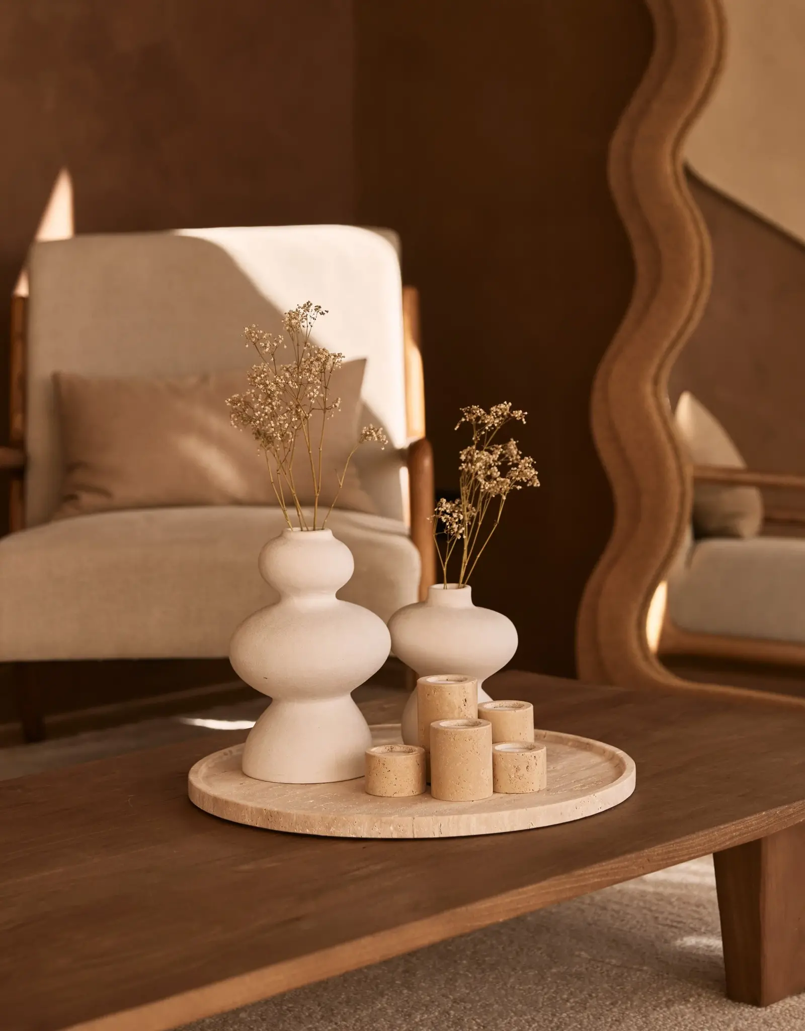 Mooisa Schaal - Travertine rond met rand - dia45 cm