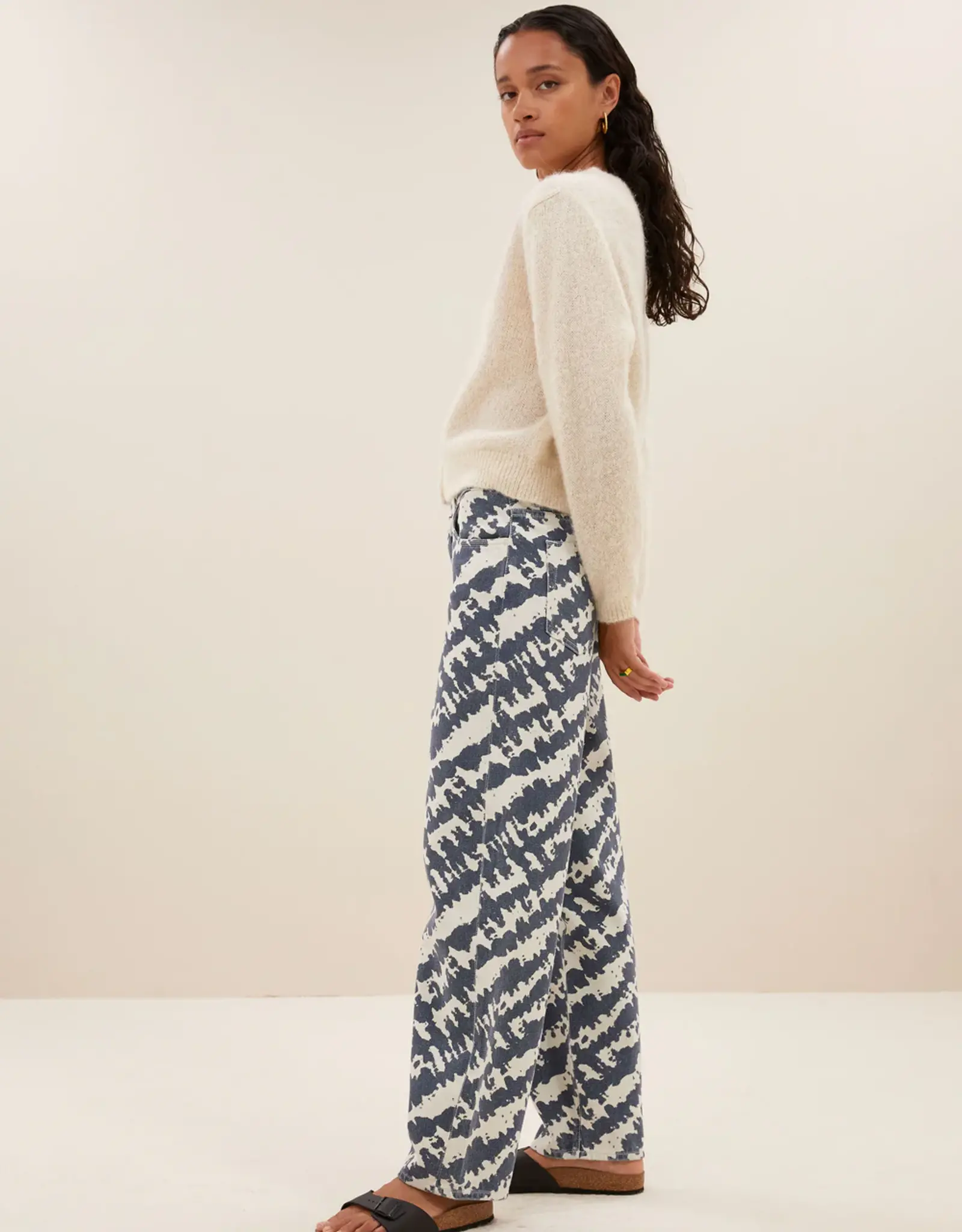 By-bar Broek - lew shade - print blauw/beige