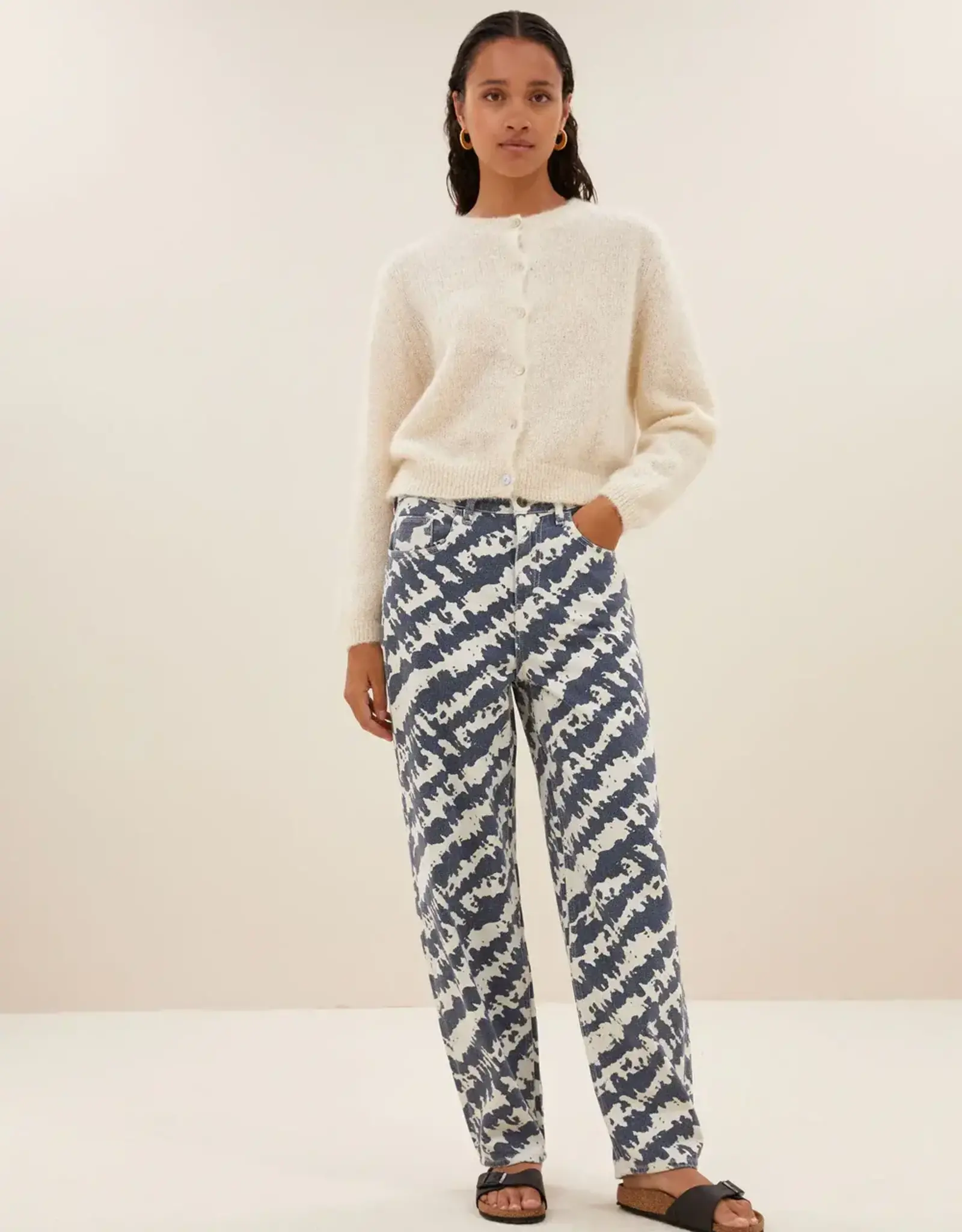 By-bar Broek - lew shade - print blauw/beige