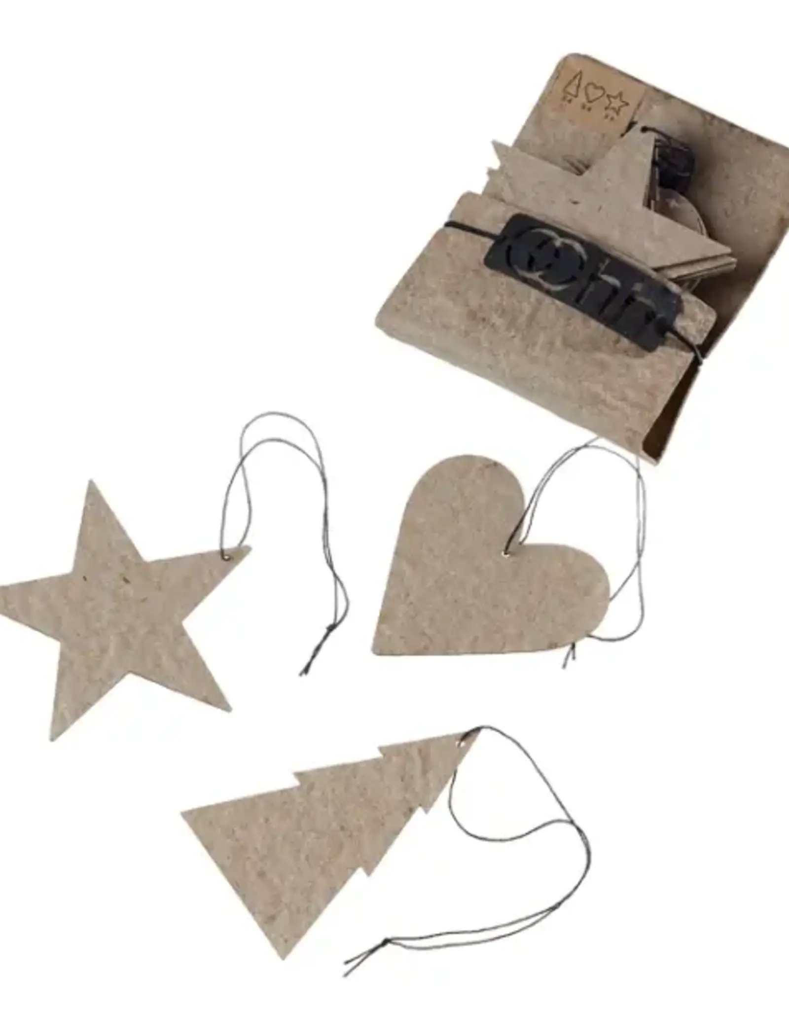 Ornament - Ster/hart/kerstboom - naturel (set of 12)