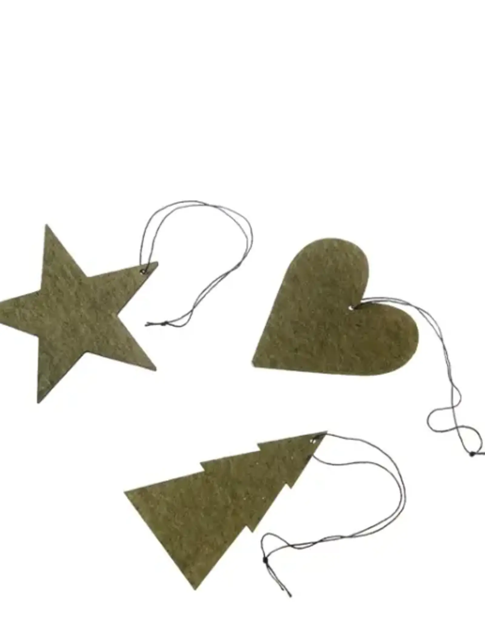 Ornament - Ster/hart/kerstboom - olijf (set of 12)