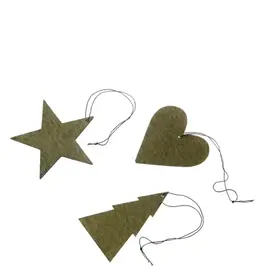 Ornament - Ster/hart/kerstboom - olijf (set of 12)