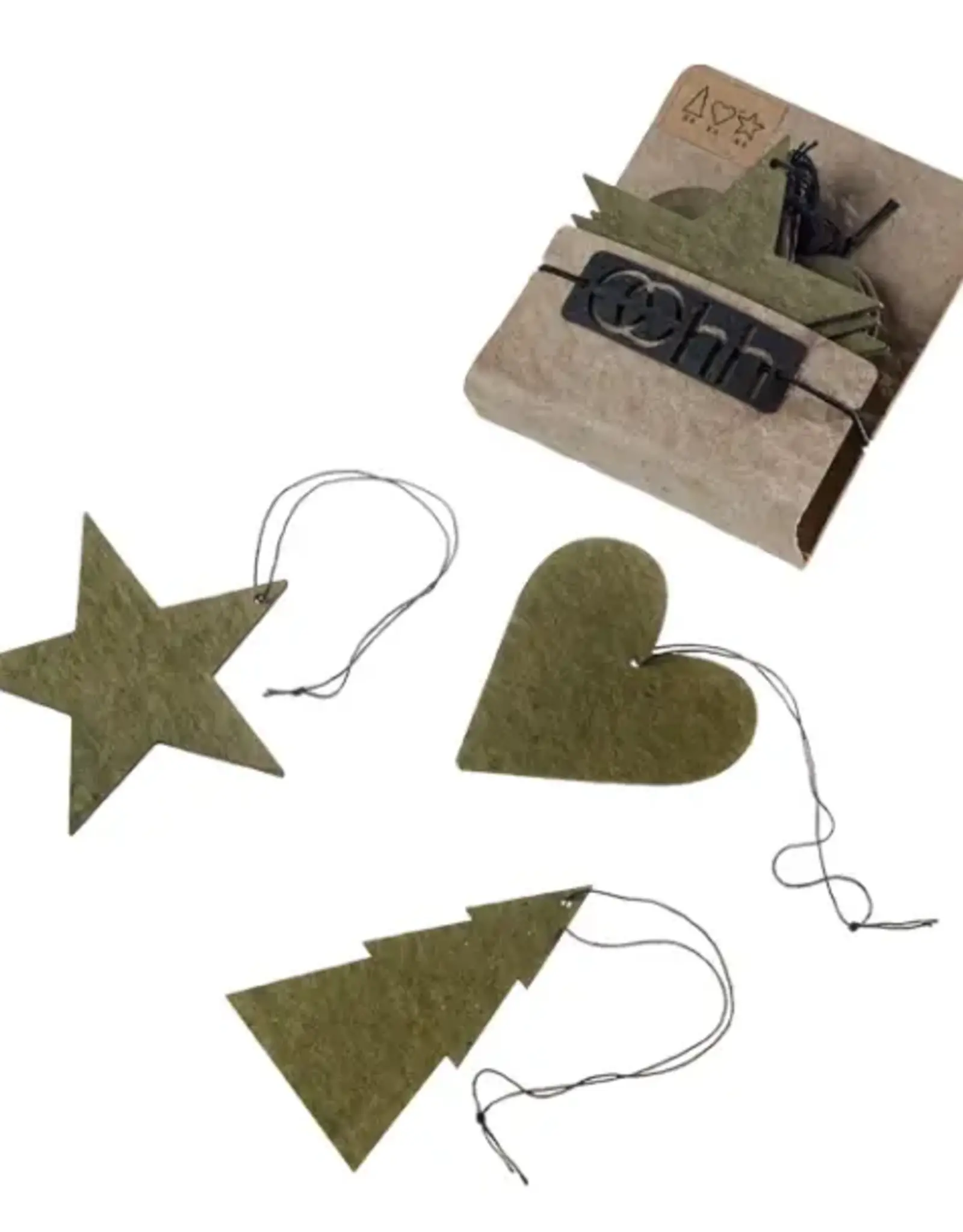 Ornament - Ster/hart/kerstboom - olijf (set of 12)