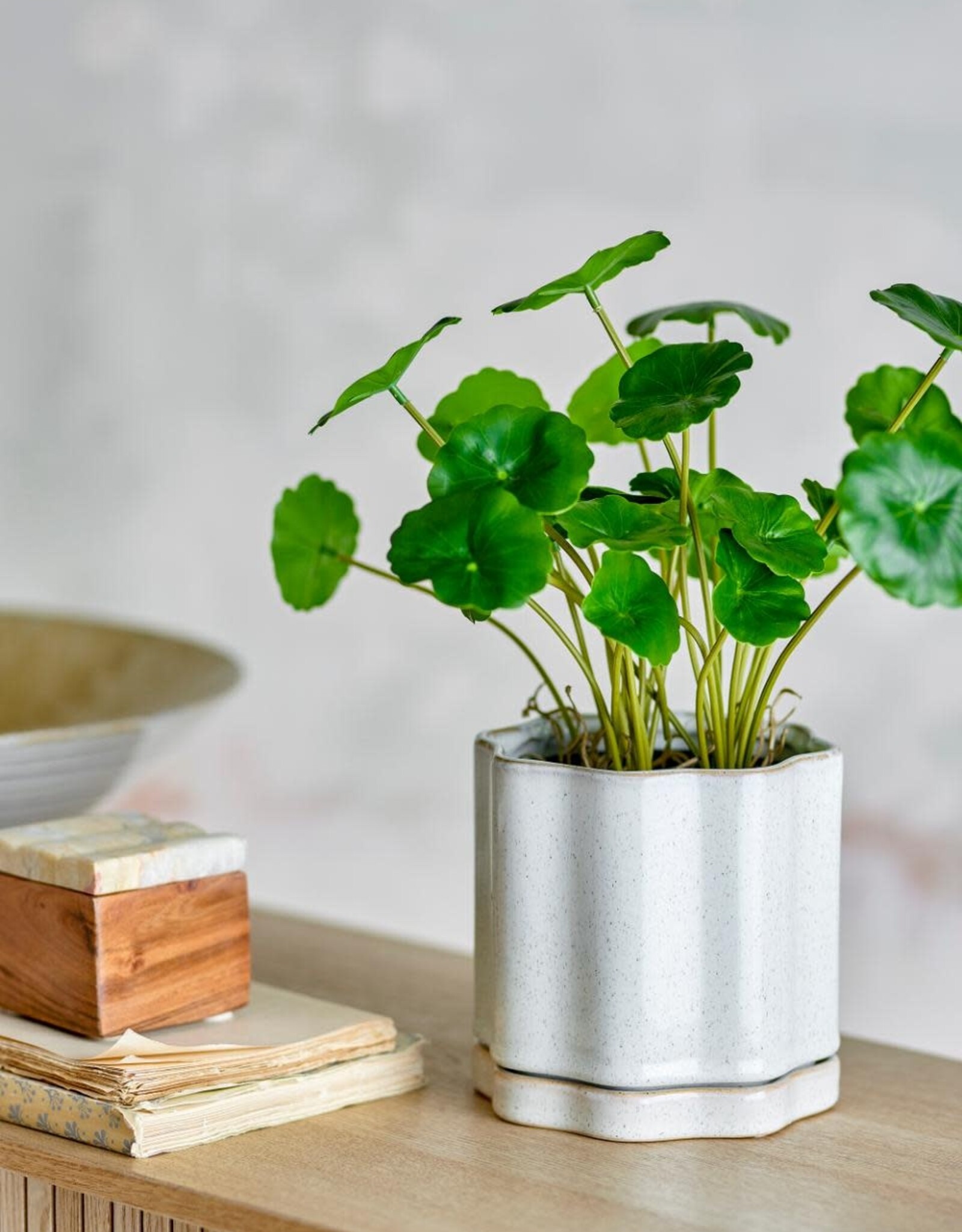 Bloomingville Bloempot met ruitpatroon en schotel, grijs, aardewerk