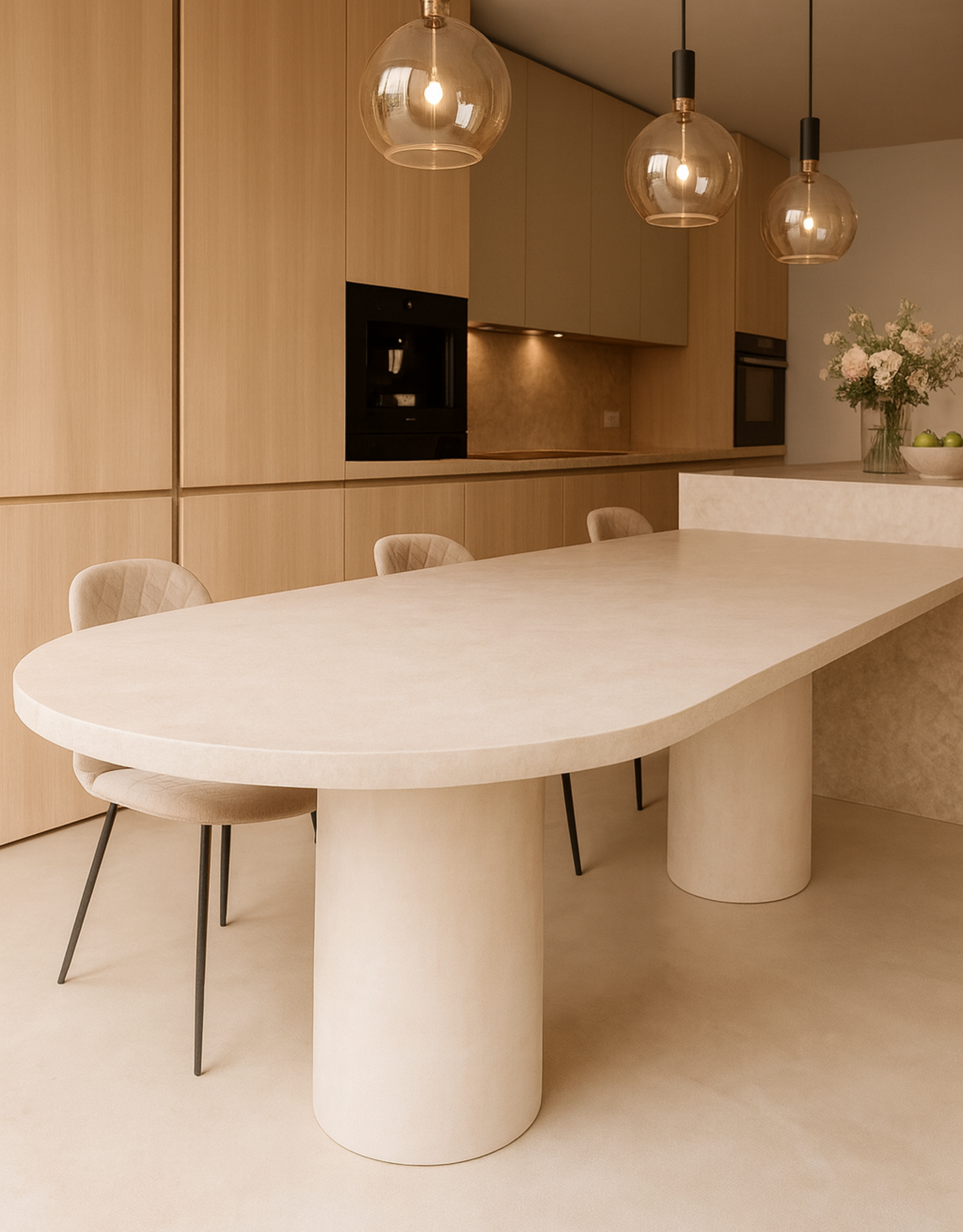 Maatwerk tafel aan keukeneiland - Beton Cire - Mortex of lavasteen