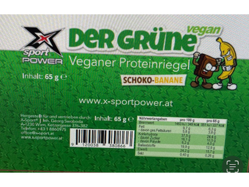 X-Sport® POWER DER GRÜNE Veganer  Proteinriegel "Schoko-Banane"