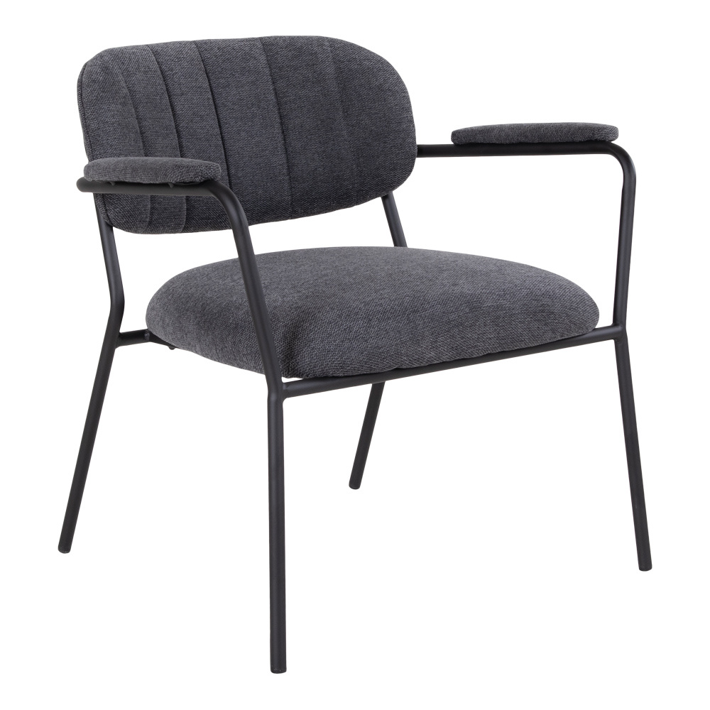 Lounge stoel in donkergrijze stof met zwarte metalen poten 