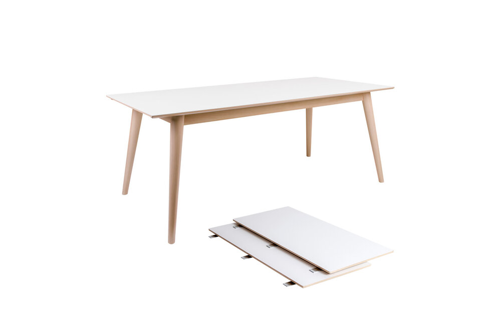 Copenhagen Eettafel - Uitschuifbare eettafel met wit tafelblad en houten poten 195/285x90 cm