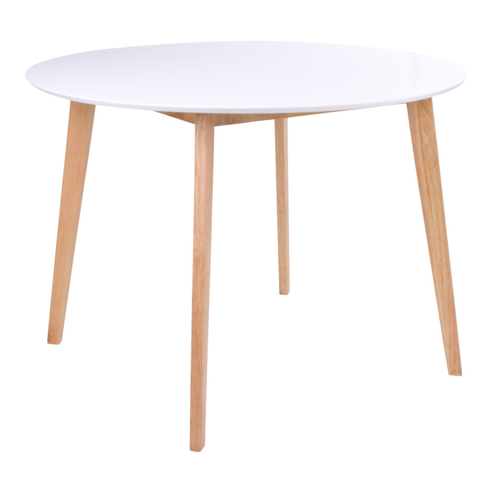 Scandinavische ronde eettafel met wit tafelblad en houten poten 