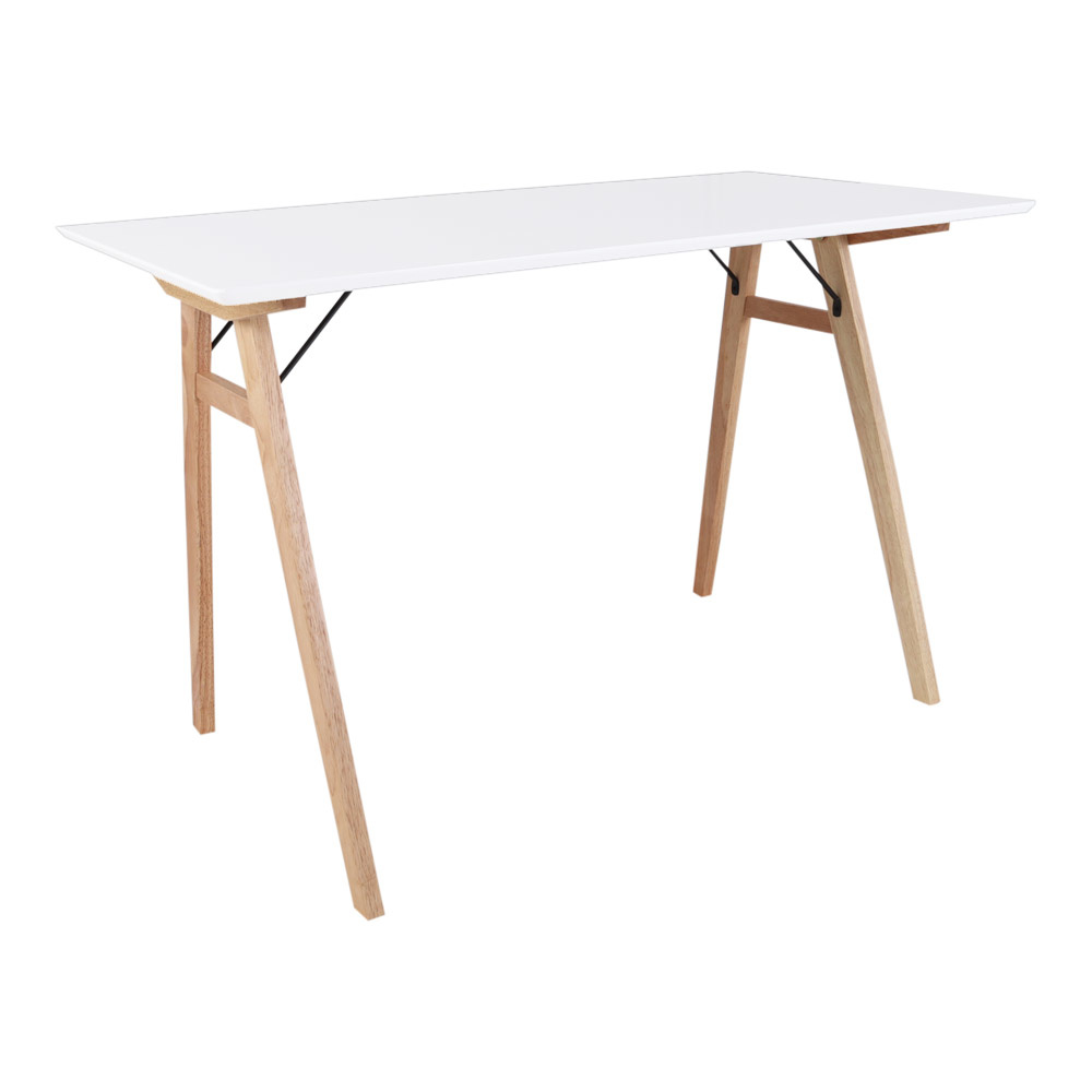 Scandinavische bureau met wit tafelblad en houten poten 