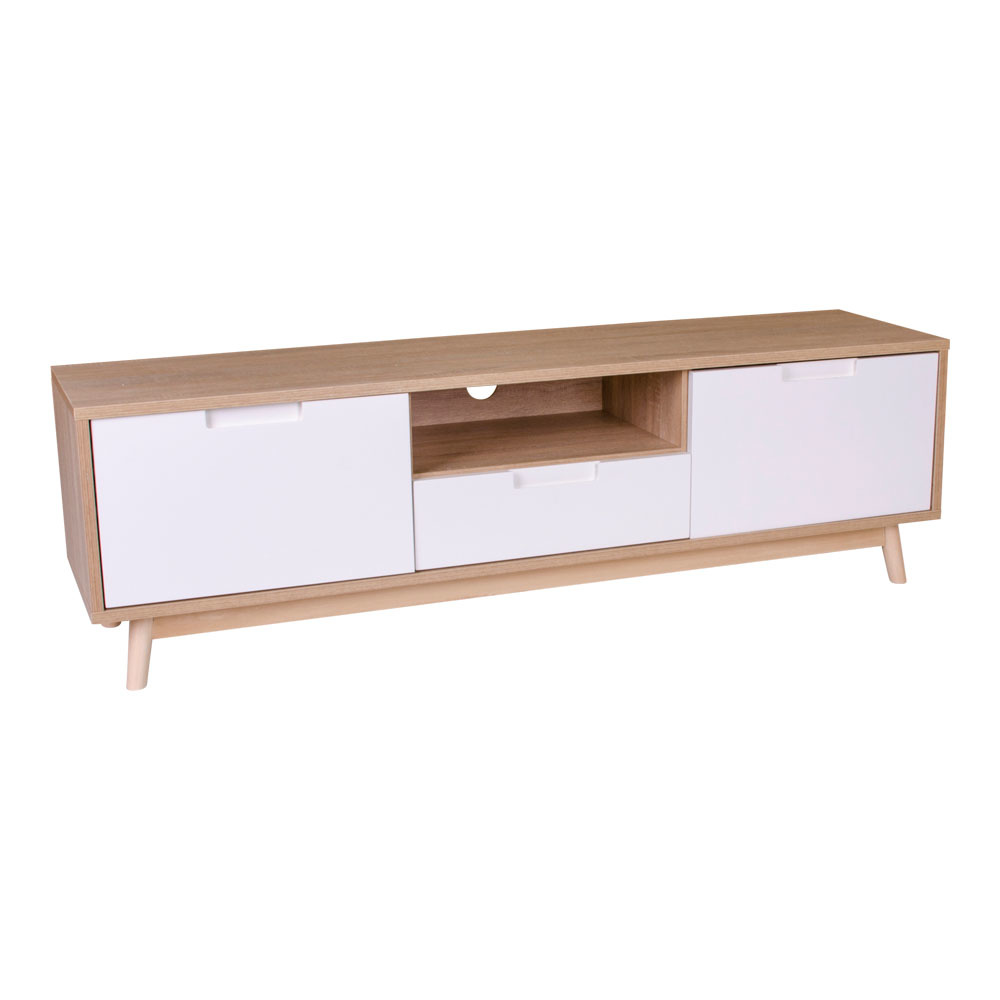 Scandinavische TV-meubel in natuurlijk hout met witte kastjes 