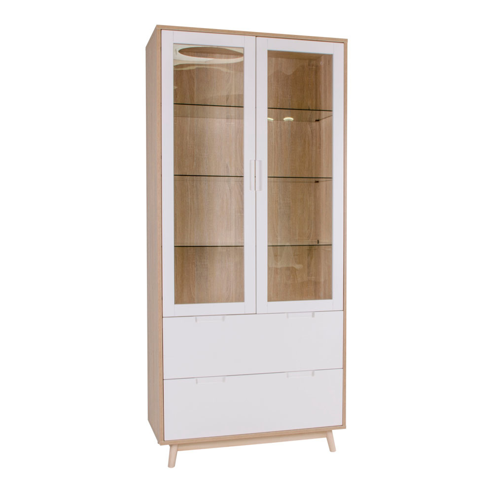 Scandinavische vitrinekast natuurlijk hout met wit 