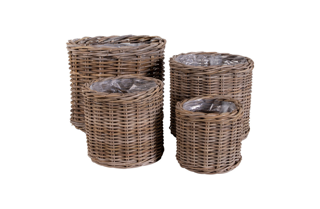 Landelijke 4 ronde kubu manden met plastic binnenkant "Bogor" - LxB40-35-29-25xH35-30-25-20 CM