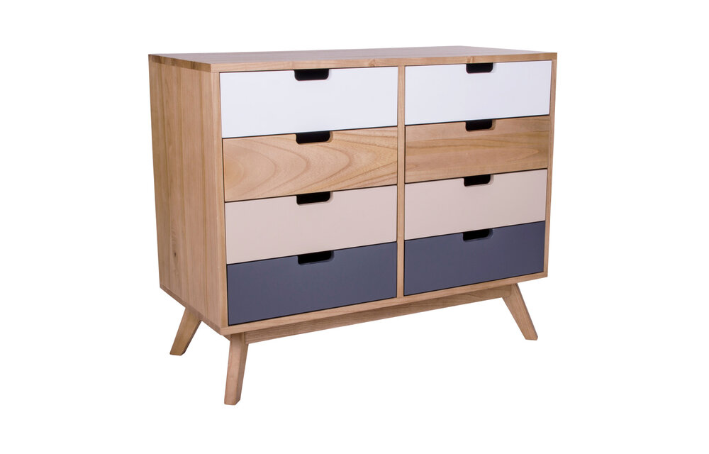 Milano Ladenkast - Ladenkast van natuurlijk hout met 8 gekleurde laden