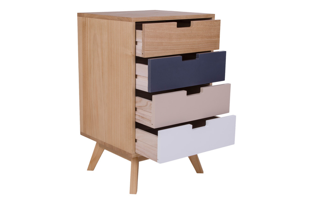 Milano Ladenkast - Ladenkast van natuurlijk hout met 4 gekleurde laden