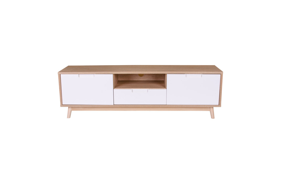Scandinavische TV-meubel in natuurlijk hout met witte kastjes "Copenhagen" - L150xB38xH46 CM